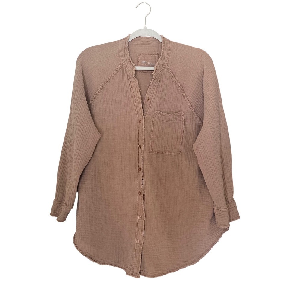 Aerie Women Taupe Cotton Double Gauze Button Down Shirt Pool to Party Small